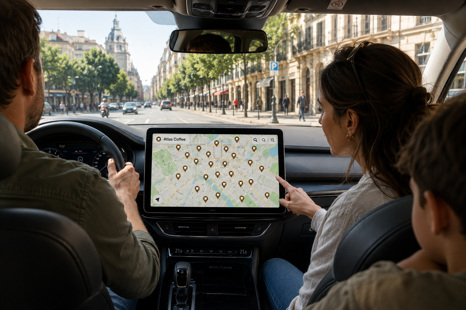 Familia navegando con el mapa de Atlas Coffee en el coche